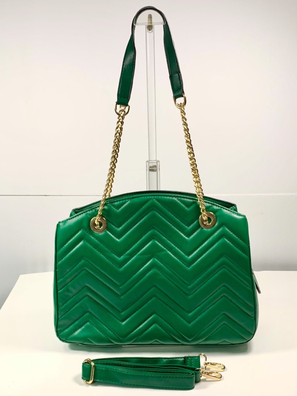 Classic Green Chevron Quilted Shoulder Crossbody Bag Gold Chain Strap Handles